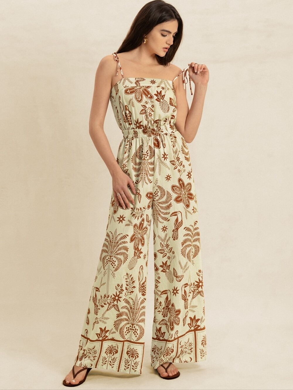 Women's Cream & Brown Printed Wide-Leg Jumpsuit